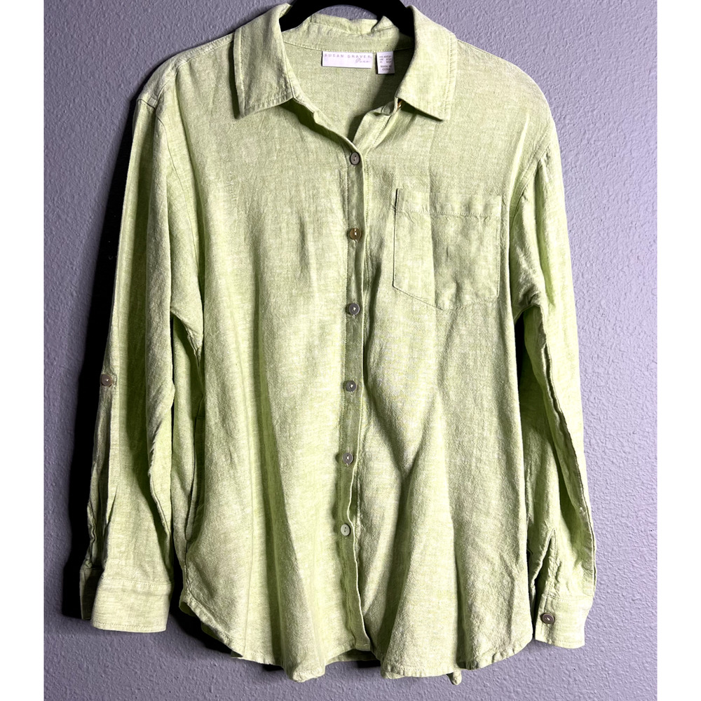 Susan Graver Pure Womens XXSP Mint Button Up Linen Blend Blouse Career Wear